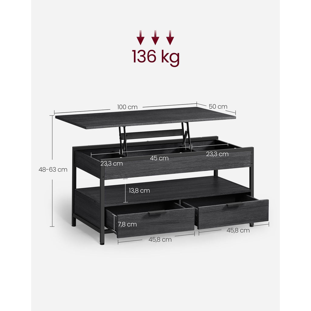 VASAGLE Emelhető dohányzóasztal rejtett tárolóval, szénszürke-fekete, 100 × 50 cm – termékkép 3
