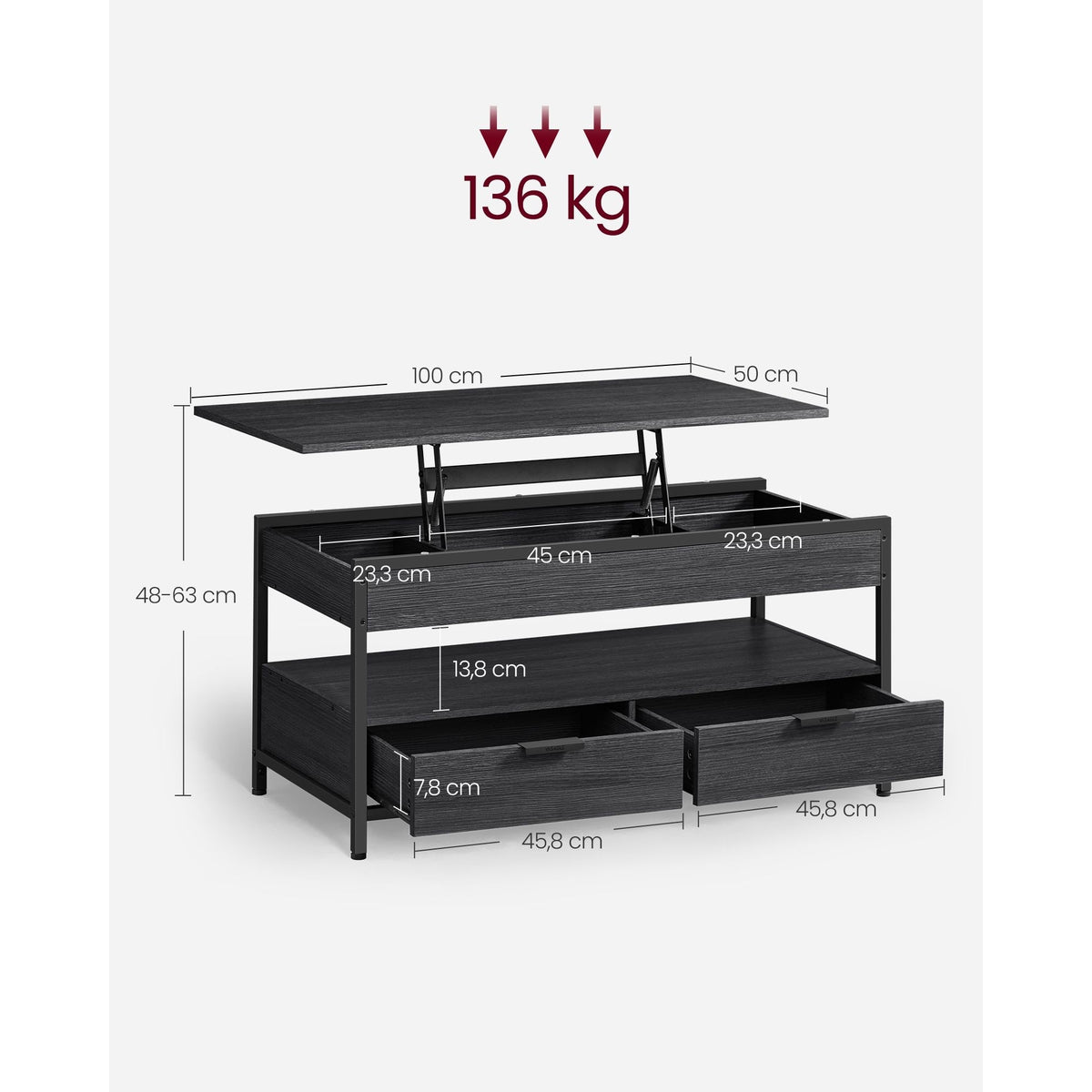 VASAGLE Emelhető dohányzóasztal rejtett tárolóval, szénszürke-fekete, 100 × 50 cm – termékkép 3