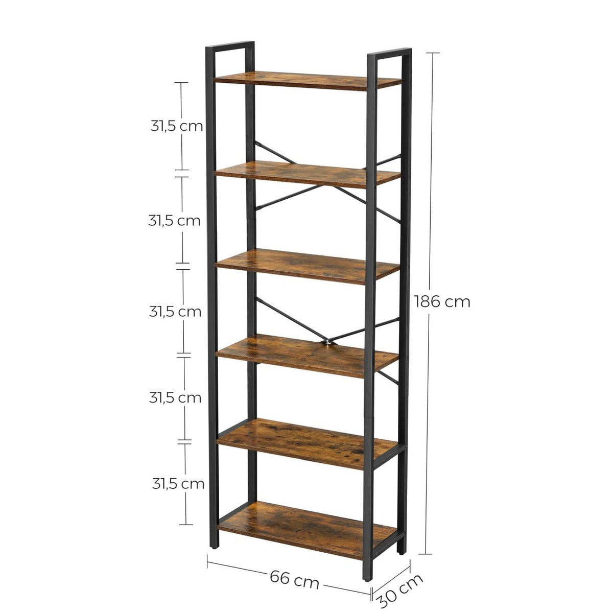 VASAGLE 6 szintes rusztikus barna könyvespolc, 66 × 30 × 186 cm – 3. termékkép