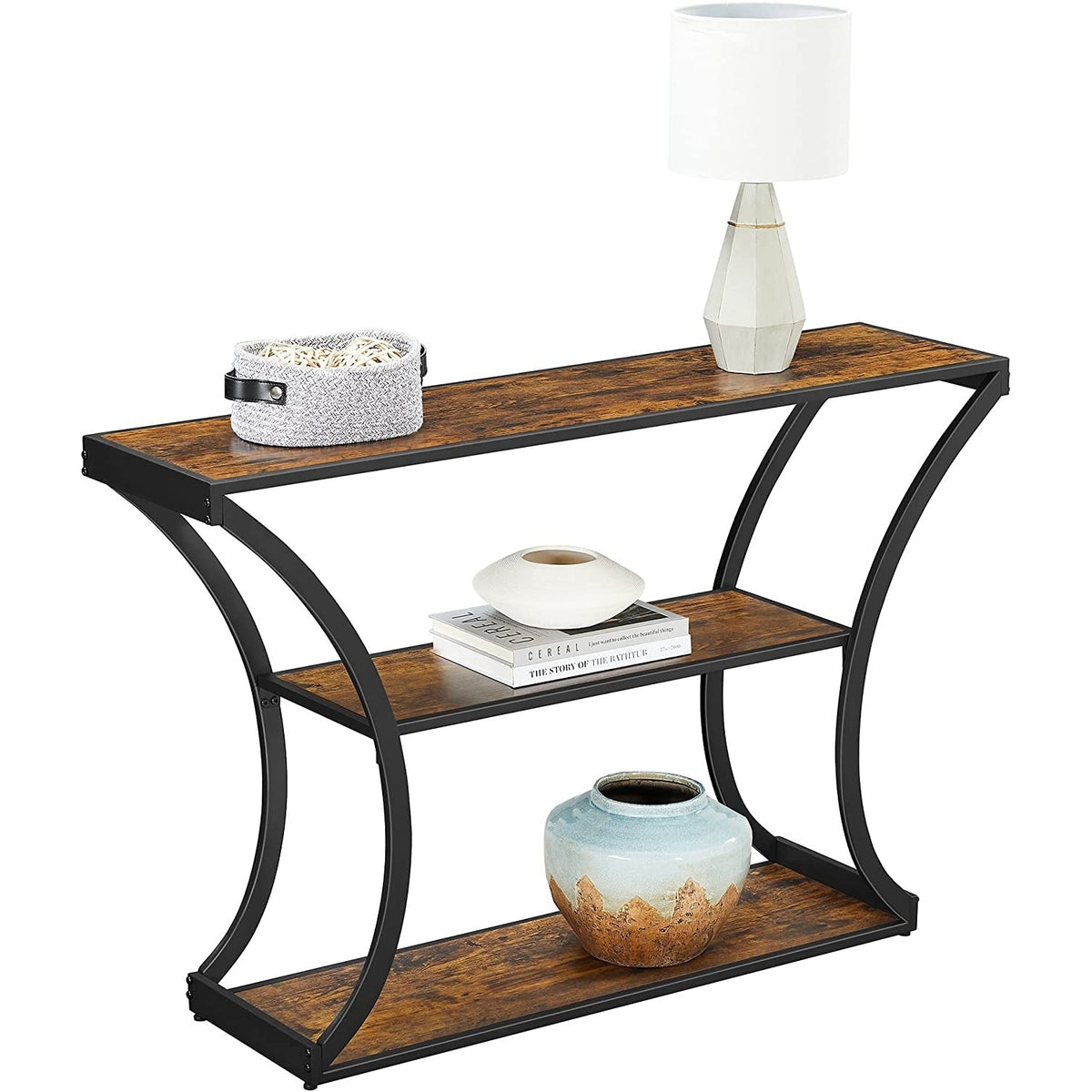 VASAGLE konzolasztal 3 polccal, rusztikus barna, 120 × 30 × 80 cm