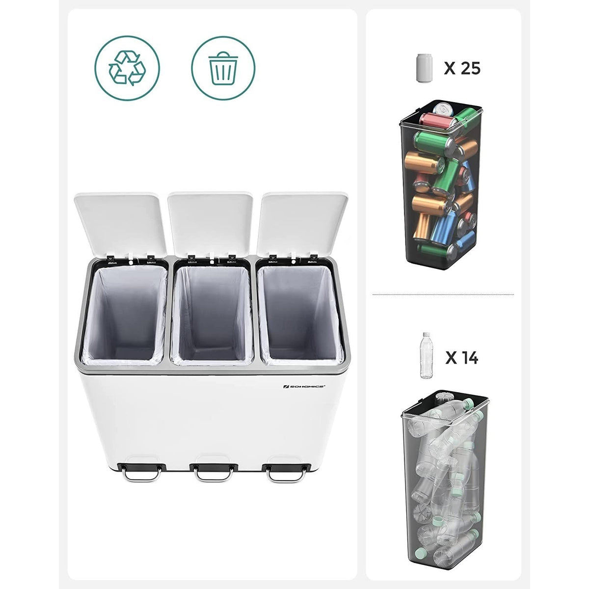 SONGMICS fehér 3 × 18 literes szelektív szemetes – 4. kép