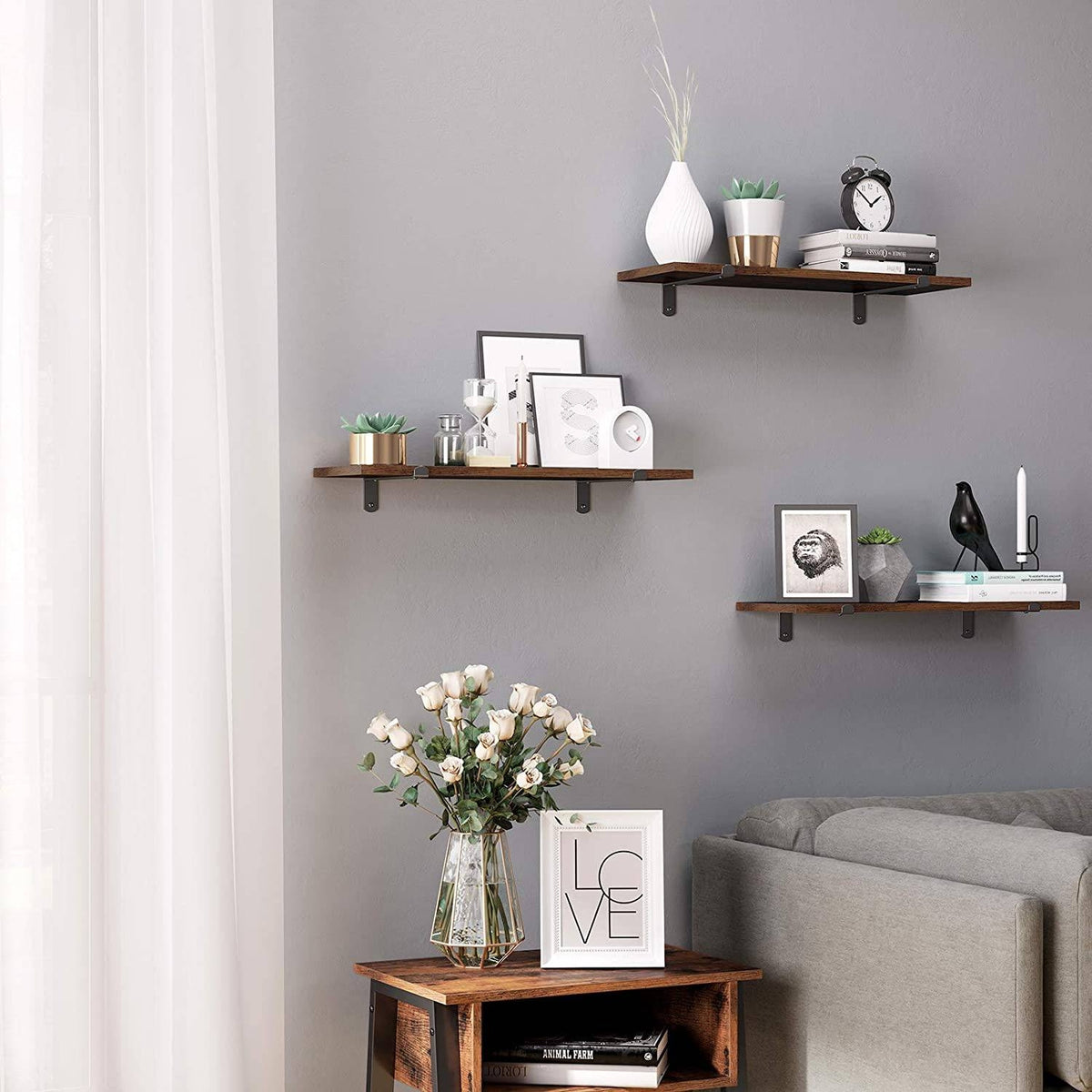 SONGMICS rusztikus barna fali polcszett, 2 darabos, 60 cm – 2. kép